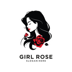 girl rose flower character logo design vector