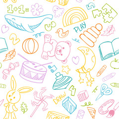 Preschool kindergarten doodle seamless pattern. Educational toys, montessori activities, doodle drawing, line art. Children vector illustration
