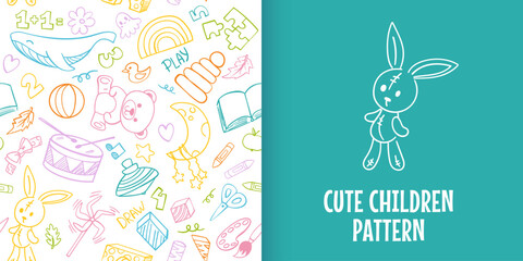 Preschool kindergarten doodle seamless pattern. Educational toys, kids activities, doodle drawing, line art. Children vector illustration