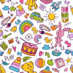 Preschool kindergarten doodle seamless pattern. Educational toys, montessori activities, doodle drawing, line art. Children vector illustration