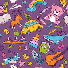 Obraz premium Seamless pattern for children with wooden toys and games. Educational and learning logic toys for preschool kids. Montessori system for early childhood development, sorters. Vector Illustration 