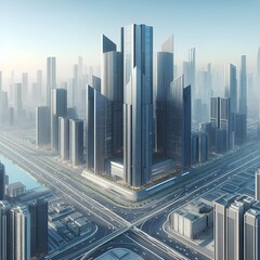 traffic at night, traffic at sunset, a 3D illustration of a futuristic cityscape with sleek skyscrapers.