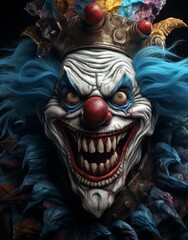 Creepy clown with glowing eyes and sharp teeth
