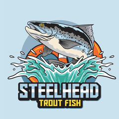 Vector Illustration of Steelhead Trout Fish with Float Tire and Water Splash with Vintage Illustration Available for Fishing Badge
