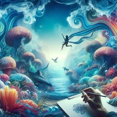 underwater scene with reef and fishes, underwater scene with reef, a dreamy and surreal underwater world.