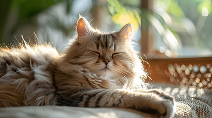 Obraz premium A fluffy Persian cat, with sunlight streaming through the window as the background, during a peaceful nap