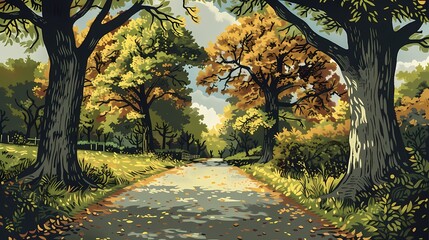 Obraz premium a wide flat road in a tress countryside illustration poster background