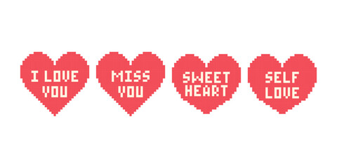 Pixel heart set with text in retro style. Vintage love symbol, 8 bit valentines day set. Pixel art for computer game.