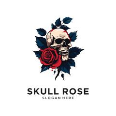 skull flower rose character logo design vector