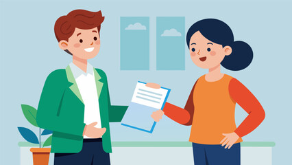 Obraz premium After they went through all the terms and conditions the loan officer handed the student a brochure with a summary of everything they discussed.. Vector illustration