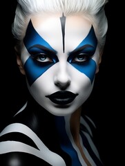 dramatic face makeup with blue and black design