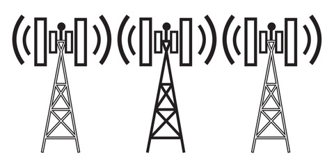 telecommunications signal transmitter. Vector illustration icon of a radio tower silhouette. Telecommunications and broadcasting industry concept icon