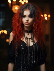 mysterious woman with vibrant red hair and dark makeup