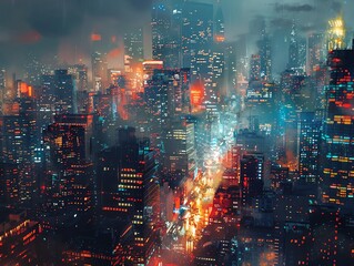 Illuminate the sprawling urban landscape with innovative lighting techniques in a digital masterpiece, portraying social commentary on consumerism and technology addiction