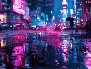 Fototapeta premium neon city lights reflecting in rain-slicked streets, a hacker on a high-tech mission