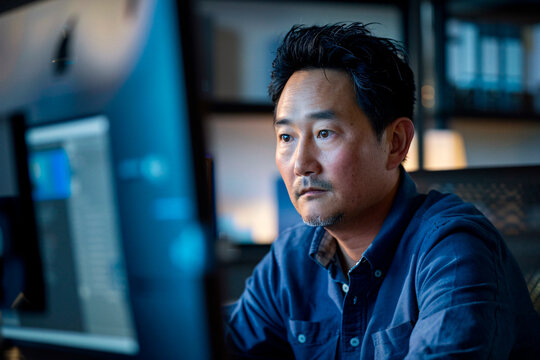 A focused adult male looking at a computer screen set in a moody lit office environment, evoking dedication and deep concentration