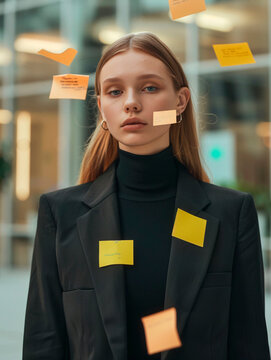 A young woman is covered with various sticky notes on her face and clothes, conveying a concept of multitasking or information overload
