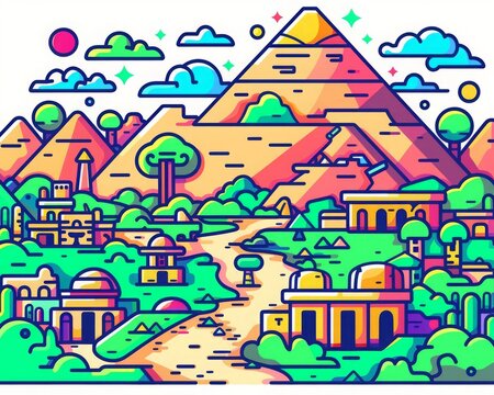 A colorful illustration of an ancient Egyptian city
