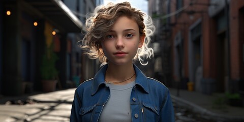 Fototapeta premium young woman with curly hair standing in alley