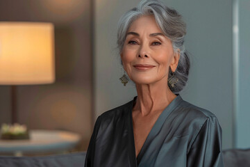 A poised elderly woman with silver hair, wearing elegant earrings and a silk robe is smiling confidently in an indoor setting