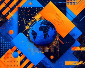 A digital painting of a globe surrounded by colorful geometric shapes. The globe is blue and the shapes are orange and yellow.