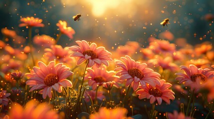 A secret garden of sugary flowers, with bees collecting nectar for honey treats, fairy tale