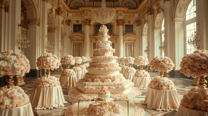Fototapeta premium A royal wedding with a gigantic multi-tiered wedding cake, adorned with edible diamonds