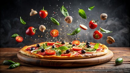 Deliciosa pizza con ingredientes en el aire. Comida italiana. Vegetales volando.