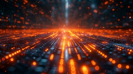 Tech Earth Globalization networking, orange line lights transmit data, Transfer speed data internet, triangle digital data, zoom out camera.