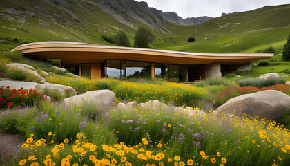 modern house near the mountain with flowers