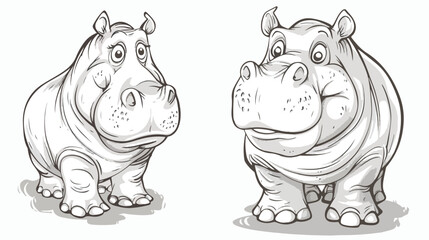 Sketch contour caricature of cute hippopotamus happing 