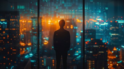 An entrepreneur's silhouette against a large office window at night, symbolizing dedication, with a blurred city lights
