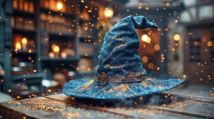 A wizard's hat made of pulled sugar, blurred magical workshop - Powered by Adobe