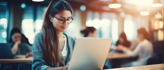 Young woman student study in the school library. She using laptop and learning online with blurred other people background