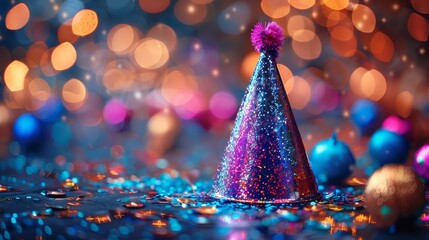 A glittery party hat close-up with a blurred room of partygoers