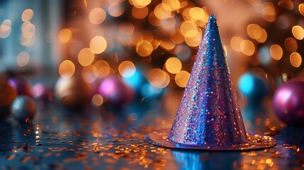 A glittery party hat close-up with a blurred room of partygoers