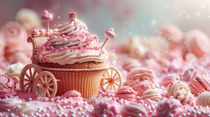 A frosted cupcake carriage with candy wheels, blurred whimsical path
