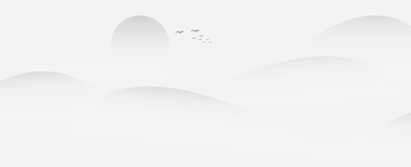 Chinese ink and water mountain and sun landscape painting. vector