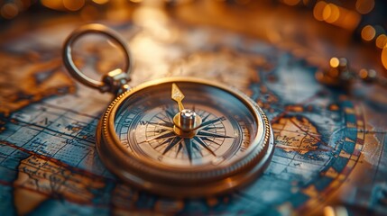 A compass and a map with imaginative destinations, travel creativity, blurred background