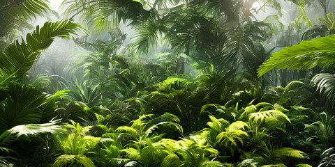 Tropical leaves Monstera, palm, fern and ornamental plants backdrop. Exotic jungle rainforest background, luxury vacation travel web banner