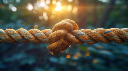 A close-up on a rope knot, teamwork and strength, team activity - obrazy, fototapety, plakaty