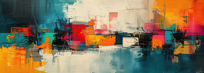 Vibrant dreams of urban life. A colorful abstract painting depicting a lively cityscape with bright and bold hues, capturing the energy and vibrancy of city living