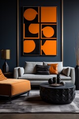 modern living room with bold orange and black artwork