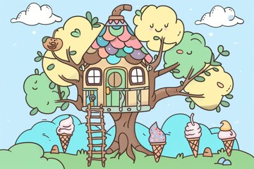 Fototapeta premium Cartoon cute doodles of a treehouse where the branches grow ice cream cones instead of leaves, Generative AI