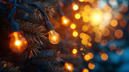 A close-up of twinkling string lights, festive decorations