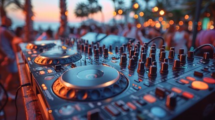 A close-up of a DJ's mixing table, dancing crowd behind