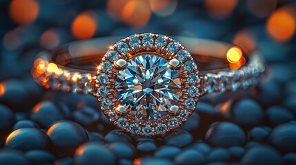 A close-up of an engagement ring in a proposal, soft-focus celebration