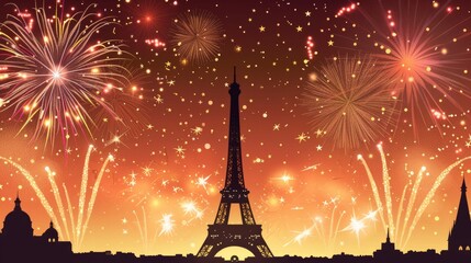 Eiffel Tower silhouetted against a dramatic Bastille Day firework display creating a striking spectacle of French nationalism and festivity