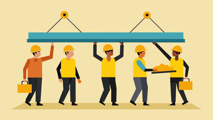The steel beam is slowly lowered onto a group of workers who hold it steady their bright yellow hard hats contrasting against the metal.. Vector illustration