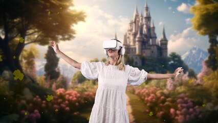 Smiling woman looking by VR surround wonderful fairytale in maple falling at castle meta magical...